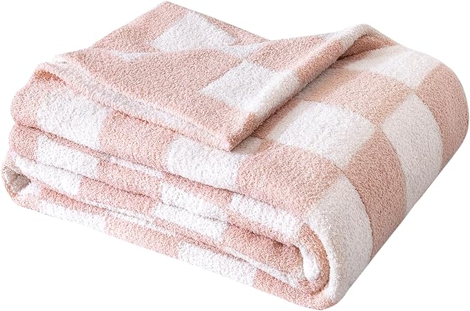 Pink & White Checkered Coral Fleece Blanket 50"x60" – Soft Cozy Throw for Couch, Bed & Travel