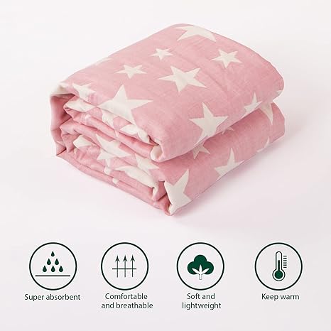 Reversible Cotton Baby Blanket – Soft Star Print Toddler Throw for Crib, Nap, or Stroller (Pink, 110×150cm)