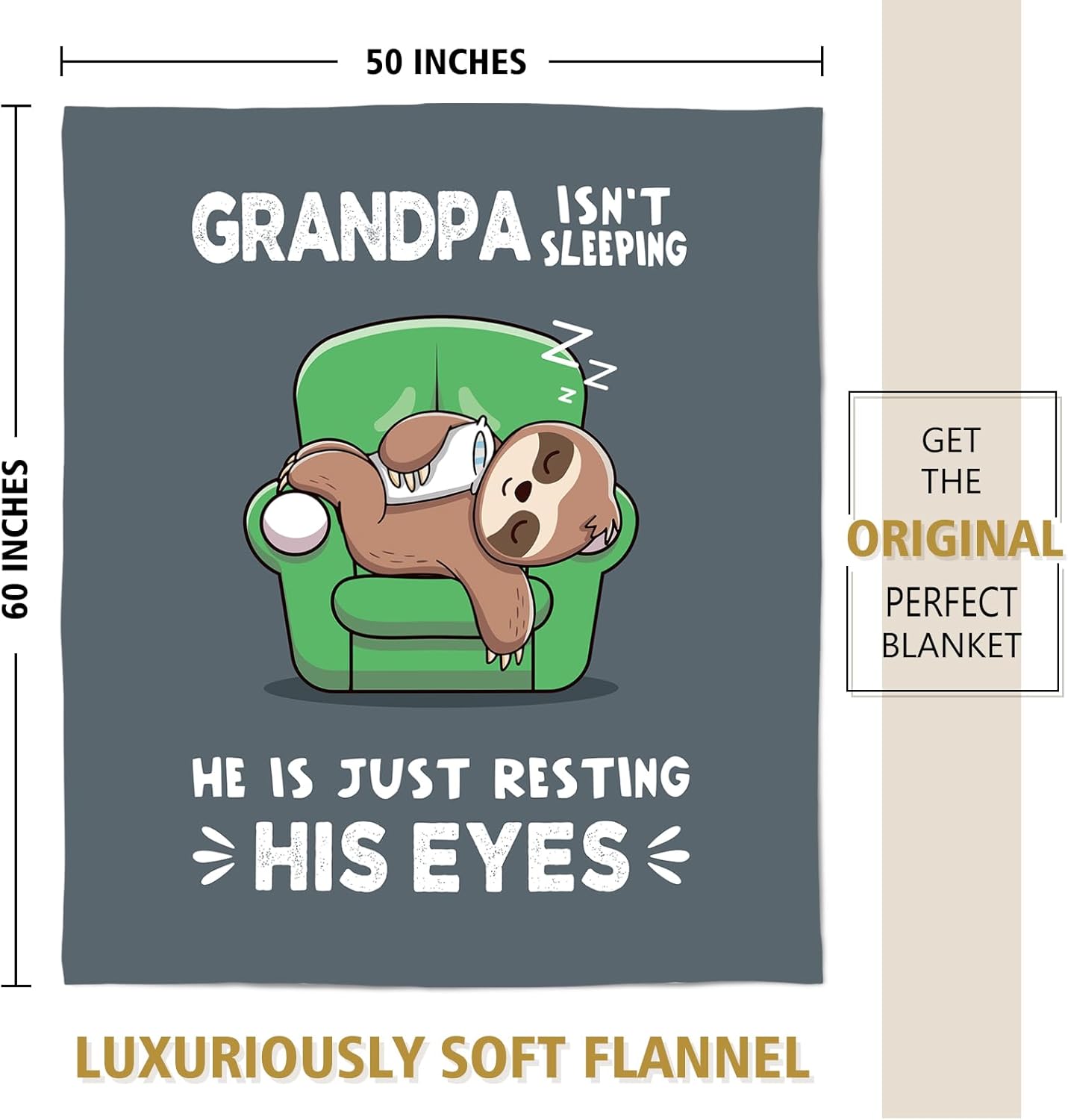 Funny Grandpa Blanket – 50"x60" Soft Flannel Throw with “Grandpa Isn’t Sleeping” Sloth Design