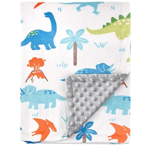 Reversible Dinosaur Baby Blanket – Soft Coral Fleece & Minky Dotted Comfort Blanket for Infant or Toddler (Grey + Colorful Print, 76×102cm)