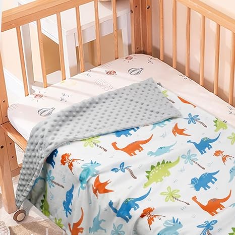 Reversible Dinosaur Baby Blanket – Soft Coral Fleece & Minky Dotted Comfort Blanket for Infant or Toddler (Grey + Colorful Print, 76×102cm)