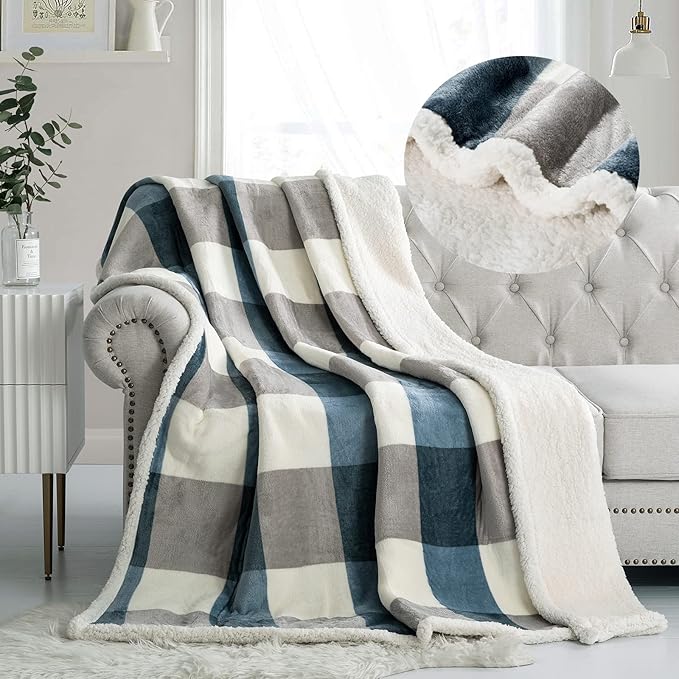 Thick Flannel Sherpa Throw Blanket – Reversible Warm Checkered Fleece Blanket for Sofa or Bed (Gray-Blue Plaid, 150×200cm)