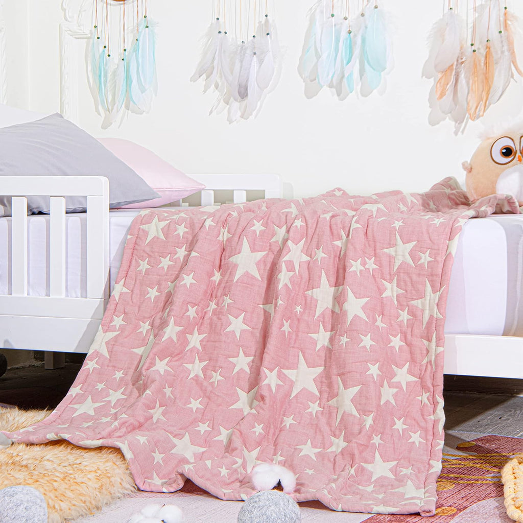 Reversible Cotton Baby Blanket – Soft Star Print Toddler Throw for Crib, Nap, or Stroller (Pink, 110×150cm)