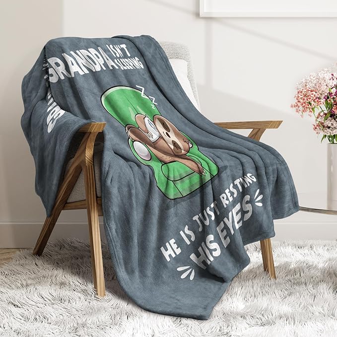 Funny Grandpa Blanket – 50"x60" Soft Flannel Throw with “Grandpa Isn’t Sleeping” Sloth Design