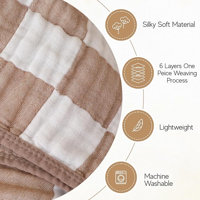 Cotton Muslin Baby Blanket – Soft & Breathable Checkered Swaddle or Toddler Comforter (Brown-White, 110×110cm)