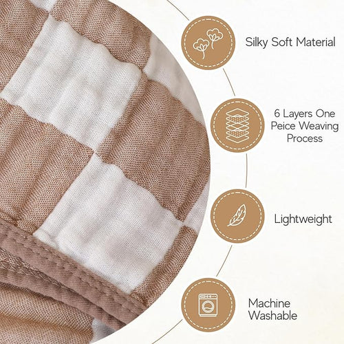 Cotton Muslin Baby Blanket – Soft & Breathable Checkered Swaddle or Toddler Comforter (Brown-White, 110×110cm)
