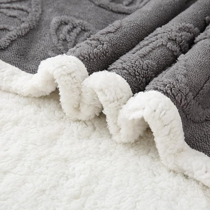 Embossed Fleece Sherpa Throw Blanket 50"x60" – Soft Warm Reversible Gray Blanket for Couch & Bed