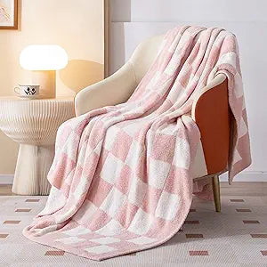 Pink & White Checkered Coral Fleece Blanket 50"x60" – Soft Cozy Throw for Couch, Bed & Travel