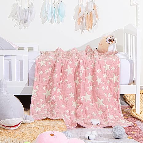 Reversible Cotton Baby Blanket – Soft Star Print Toddler Throw for Crib, Nap, or Stroller (Pink, 110×150cm)