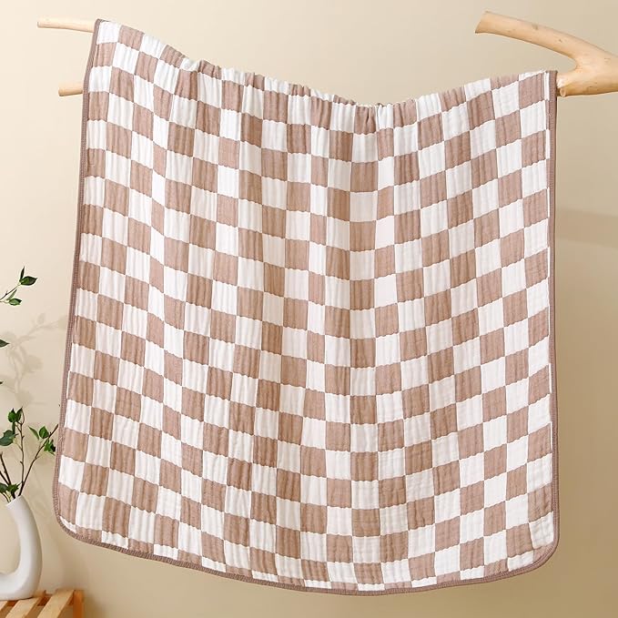 Cotton Muslin Baby Blanket – Soft & Breathable Checkered Swaddle or Toddler Comforter (Brown-White, 110×110cm)