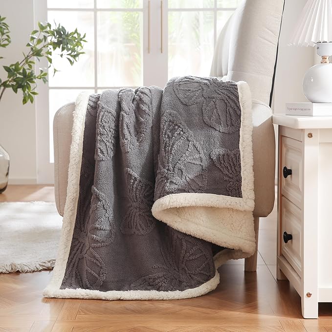 Embossed Fleece Sherpa Throw Blanket 50"x60" – Soft Warm Reversible Gray Blanket for Couch & Bed