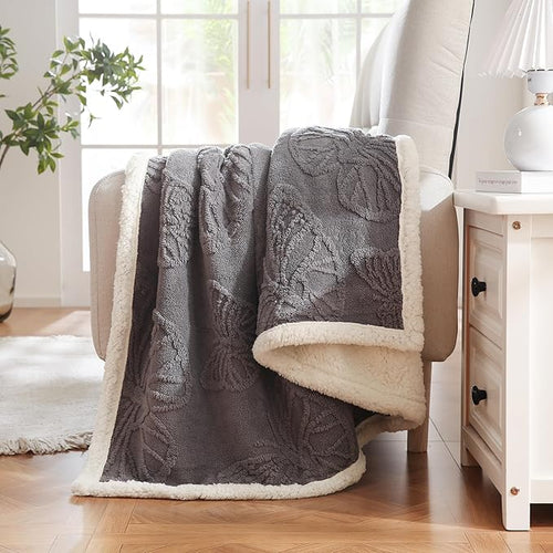 Embossed Fleece Sherpa Throw Blanket 50"x60" – Soft Warm Reversible Gray Blanket for Couch & Bed