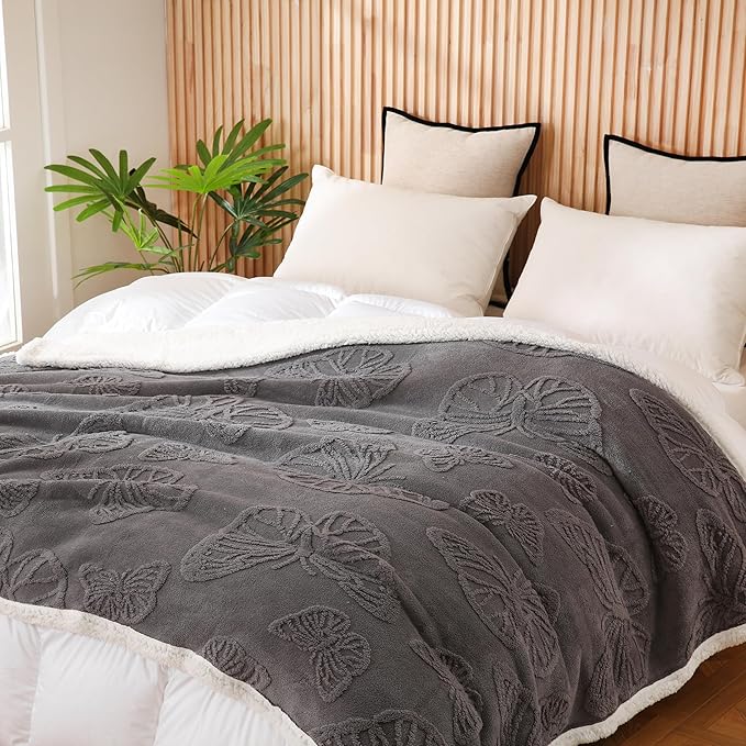 Embossed Fleece Sherpa Throw Blanket 50"x60" – Soft Warm Reversible Gray Blanket for Couch & Bed