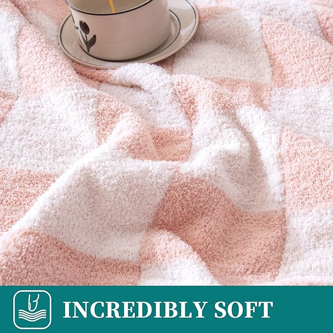 Pink & White Checkered Coral Fleece Blanket 50"x60" – Soft Cozy Throw for Couch, Bed & Travel