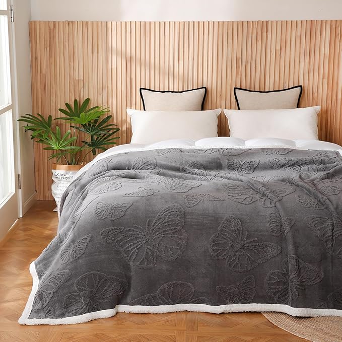 Embossed Fleece Sherpa Throw Blanket 50"x60" – Soft Warm Reversible Gray Blanket for Couch & Bed