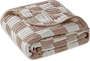 Cotton Muslin Baby Blanket – Soft & Breathable Checkered Swaddle or Toddler Comforter (Brown-White, 110×110cm)