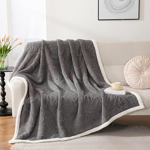 Embossed Fleece Sherpa Throw Blanket 50"x60" – Soft Warm Reversible Gray Blanket for Couch & Bed